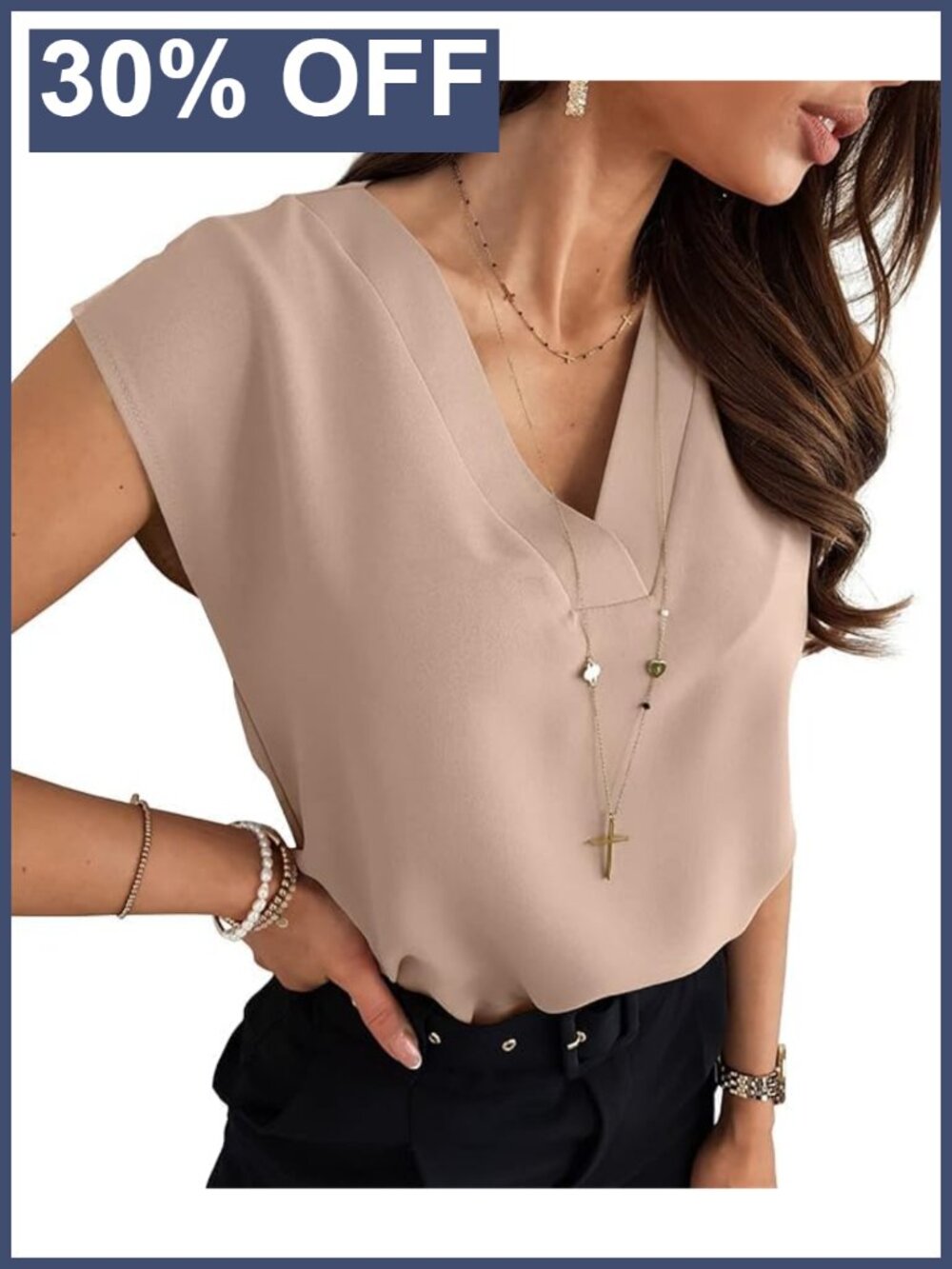 Womens V Neck Chiffon Blouse Cap Sleeve Tunic Work Office Top
